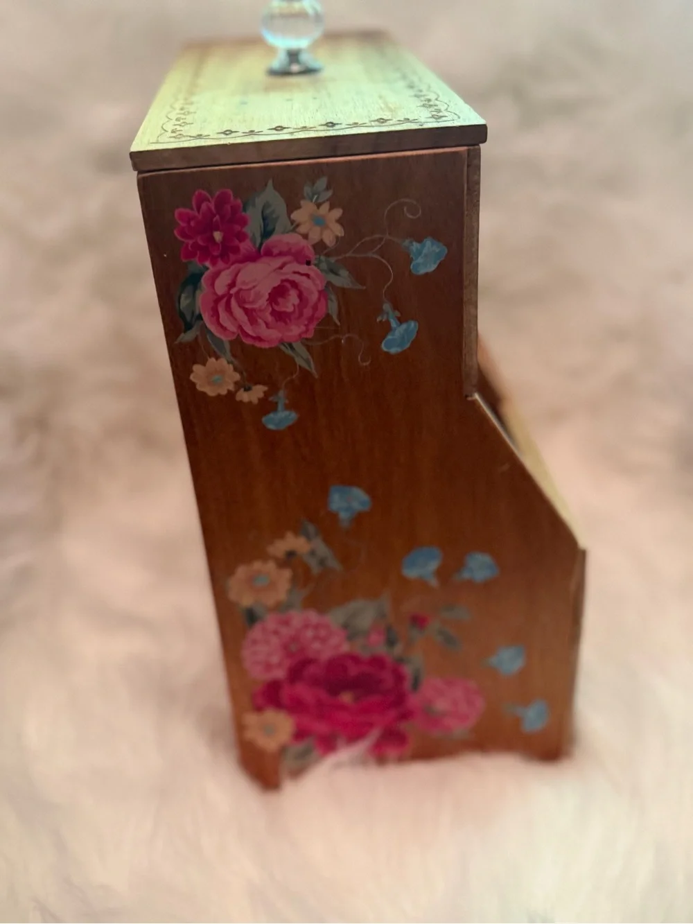 Pioneer Woman Hand-Painted Floral Wooden Storage Box - Natural Wood and Pink